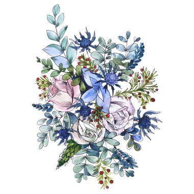 Gül buket çiçek botanik çiçekler. Vahşi bahar yaprak izole kır çiçeği. Suluboya arka plan illüstrasyon küme. Suluboya çizim moda aquarelle. İzole buket illüstrasyon öğesi.