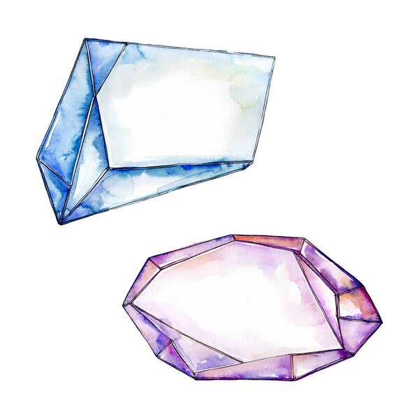 Colorful rock jewelry minerals. Geometric quartz polygon crystal stone mosaic shape amethyst gem. Watercolor background illustration set. Watercolour drawing fashion aquarelle isolated.