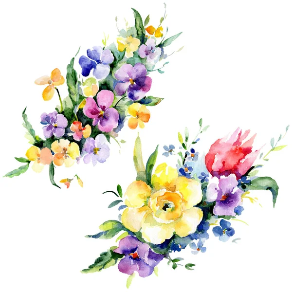 Bouquets floral botanical flowers. Wild spring leaf wildflower isolated. Watercolor background illustration set. Watercolour drawing fashion aquarelle isolated. Isolated bouquet illustration element.