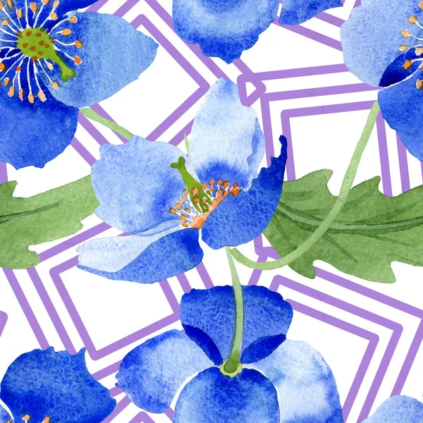 蓝色罂粟植物花 野生春叶野花分离 水彩插图集 水彩画时尚水彩画 无缝的背景模式 织物壁纸打印纹理 — 图库照片