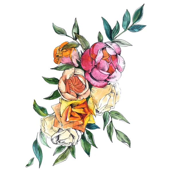 バラの花束花植物の花 野生春葉のワイルドフラワーが分離されました 水彩画背景イラスト セット 水彩描画ファッション Aquarelle 孤立した花束の図要素 — ストック写真