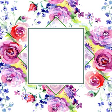 Pembe buket çiçek botanik çiçek gül. Vahşi bahar yaprak izole kır çiçeği. Suluboya arka plan illüstrasyon küme. Suluboya çizim moda aquarelle izole. Çerçeve kenarlığı süsleme Meydanı.