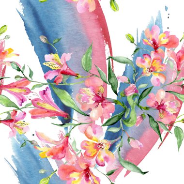 Pembe alstroemeria buket botanik çiçek. Vahşi bahar yaprak. Suluboya resim kümesi. Suluboya çizim moda aquarelle. Sorunsuz arka plan deseni. Kumaş duvar kağıdı yazdırma doku.