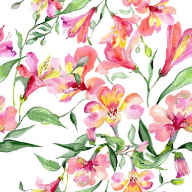 Pembe alstroemeria buket botanik çiçek. Vahşi bahar yaprak. Suluboya resim kümesi. Suluboya çizim moda aquarelle. Sorunsuz arka plan deseni. Kumaş duvar kağıdı yazdırma doku.