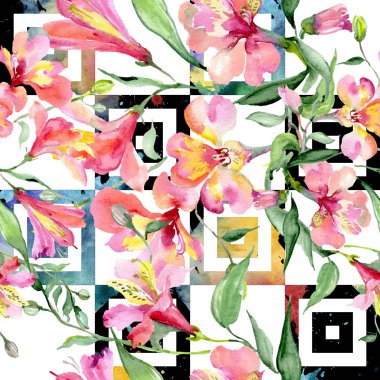 Pembe alstroemeria buket botanik çiçek. Vahşi bahar yaprak. Suluboya resim kümesi. Suluboya çizim moda aquarelle. Sorunsuz arka plan deseni. Kumaş duvar kağıdı yazdırma doku.