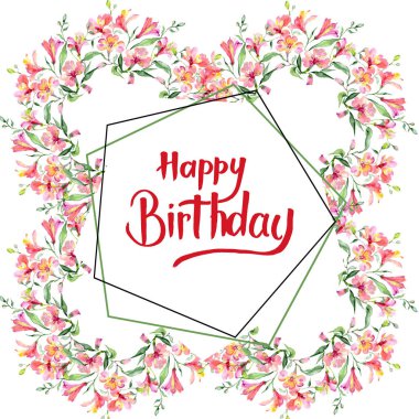 Pembe alstroemeria buket botanik çiçek. Vahşi bahar yaprak izole kır çiçeği. Suluboya arka plan illüstrasyon küme. Suluboya çizim moda aquarelle. Çerçeve kenarlığı süsleme Meydanı.