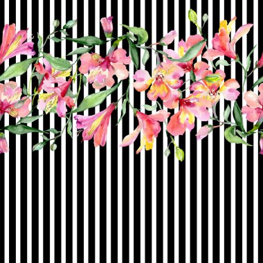 Pembe alstroemeria buket botanik çiçek. Vahşi bahar yaprak. Suluboya resim kümesi. Suluboya çizim moda aquarelle. Sorunsuz arka plan deseni. Kumaş duvar kağıdı yazdırma doku.