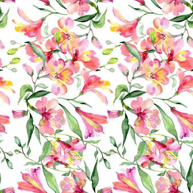 Pembe alstroemeria buket botanik çiçek. Vahşi bahar yaprak. Suluboya resim kümesi. Suluboya çizim moda aquarelle. Sorunsuz arka plan deseni. Kumaş duvar kağıdı yazdırma doku.