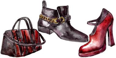Moda kroki moda glamour çizimde bir suluboya stil izole aquarelle öğesi. Giyim Aksesuarları trendy moda kıyafet ayarlayın. Suluboya arka plan illüstrasyon seti.