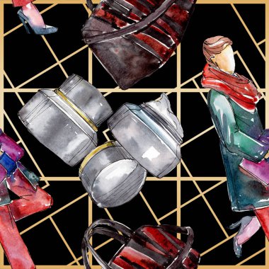 Moda kroki glamour çizimde bir suluboya stil aquarelle öğesi. Giyim Aksesuarları moda kıyafet ayarlayın. Suluboya sorunsuz arka plan deseni ayarlayın. Kumaş duvar kağıdı yazdırma doku.