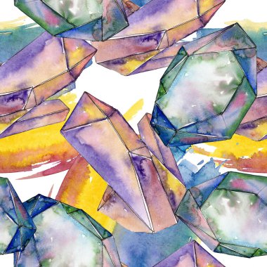 Renkli taş takı mineraller. Geometrik çokgen kristal taş. Suluboya resim kümesi. Suluboya çizim aquarelle izole. Sorunsuz arka plan deseni. Kumaş duvar kağıdı yazdırma doku.