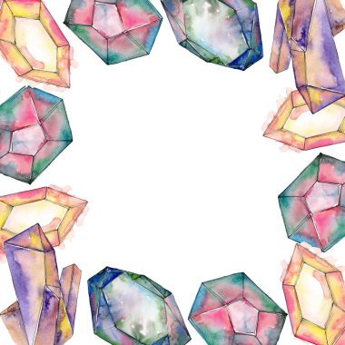 Renkli elmas taş takı mineraller. Geometrik kuvars çokgen kristal taş. Suluboya arka plan illüstrasyon küme. Suluboya çizim moda aquarelle izole. Çerçeve kenarlığı süsleme Meydanı.