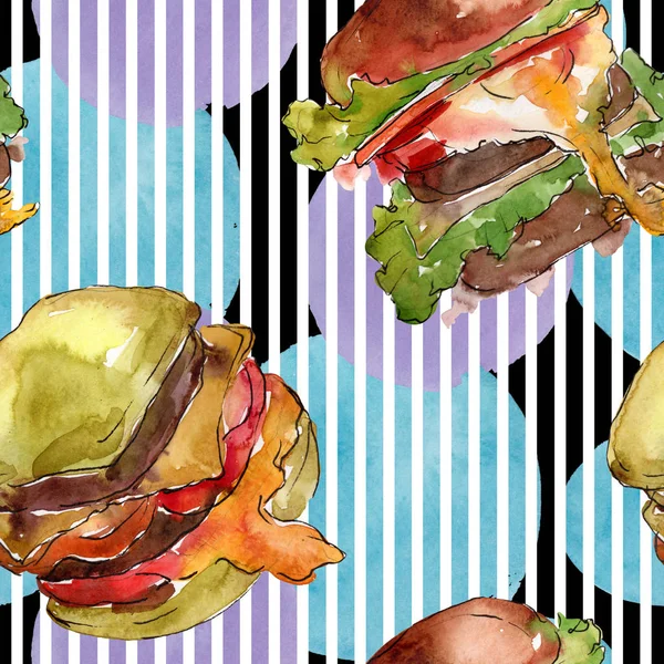 햄버거 샌드위치 수채화 스타일에서 합니다 수채화 패스트 요소입니다 원활한 패턴입니다 — 스톡 사진