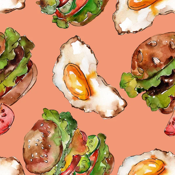 햄버거 샌드위치 수채화 스타일에서 합니다 수채화 패스트 요소입니다 원활한 패턴입니다 — 스톡 사진
