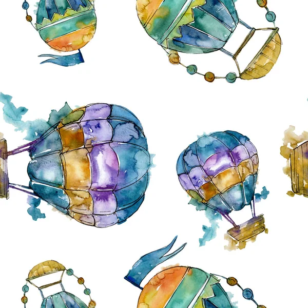 Hot air balloon background fly air transport illustration. Watercolor background set. Watercolour drawing fashion aquarelle isolated. Seamless background pattern. Fabric wallpaper print texture.