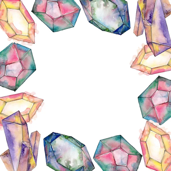 Colorful diamond rock jewelry minerals. Geometric quartz polygon crystal stone. Watercolor background illustration set. Watercolour drawing fashion aquarelle isolated. Frame border ornament square.