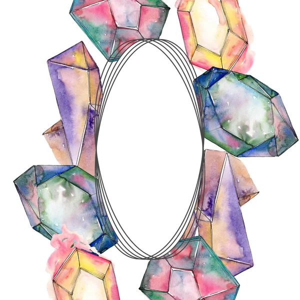 Colorful diamond rock jewelry minerals. Geometric quartz polygon crystal stone. Watercolor background illustration set. Watercolour drawing fashion aquarelle isolated. Frame border ornament square.