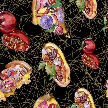 Fast food itallian pizza izole bir suluboya tarzında ayarlayın. Beyaz arka plan üzerinde çizilmiş nesneleri çizim ver. Suluboya sorunsuz arka plan deseni. Kumaş duvar kağıdı aquarelle yazdırma doku.