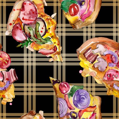 Fast food itallian pizza izole bir suluboya tarzında ayarlayın. Beyaz arka plan üzerinde çizilmiş nesneleri çizim ver. Suluboya sorunsuz arka plan deseni. Kumaş duvar kağıdı aquarelle yazdırma doku.