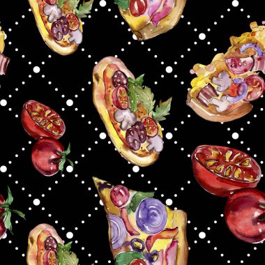 Fast food itallian pizza izole bir suluboya tarzında ayarlayın. Beyaz arka plan üzerinde çizilmiş nesneleri çizim ver. Suluboya sorunsuz arka plan deseni. Kumaş duvar kağıdı aquarelle yazdırma doku.