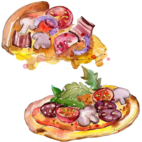 Fast Food Pizza Italiana Conjunto Estilo Aquarela Objetos Desenhados Mão — Fotografia de Stock