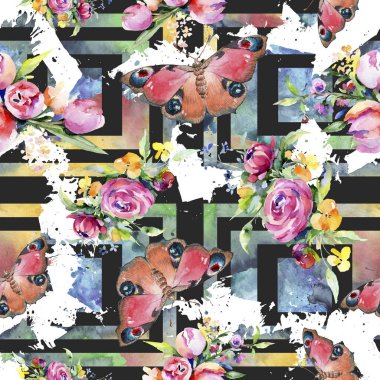 Buketler çiçek botanik çiçekler. Vahşi bahar yaprak kır çiçeği. Suluboya resim kümesi. Suluboya çizim moda aquarelle. Sorunsuz arka plan deseni. Kumaş duvar kağıdı yazdırma doku.