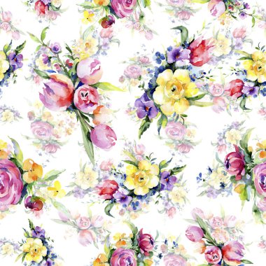 Buketler çiçek botanik çiçekler. Vahşi bahar yaprak kır çiçeği. Suluboya resim kümesi. Suluboya çizim moda aquarelle. Sorunsuz arka plan deseni. Kumaş duvar kağıdı yazdırma doku.