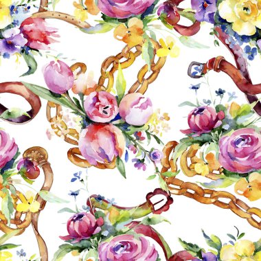 Buketler çiçek botanik çiçekler. Vahşi bahar yaprak kır çiçeği. Suluboya resim kümesi. Suluboya çizim moda aquarelle. Sorunsuz arka plan deseni. Kumaş duvar kağıdı yazdırma doku.