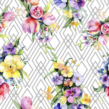 Buketler çiçek botanik çiçekler. Vahşi bahar yaprak kır çiçeği. Suluboya resim kümesi. Suluboya çizim moda aquarelle. Sorunsuz arka plan deseni. Kumaş duvar kağıdı yazdırma doku.