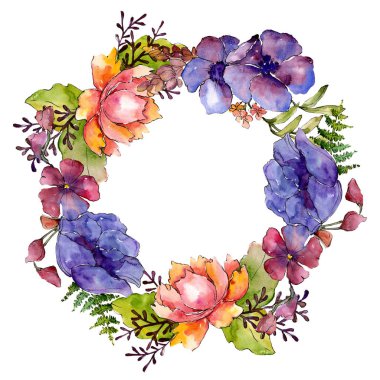 Mavi mor buket çiçek botanik çiçekler. Suluboya arka plan illüstrasyon küme. Çerçeve kenarlığı süsleme Meydanı.