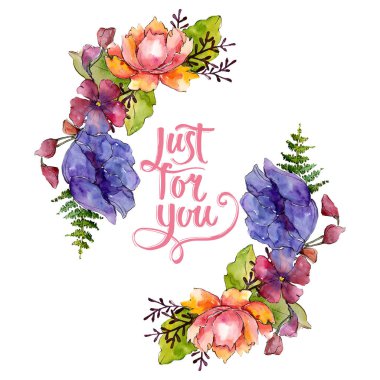 Mavi mor buket çiçek botanik çiçekler. Suluboya arka plan illüstrasyon küme. Çerçeve kenarlığı süsleme Meydanı.