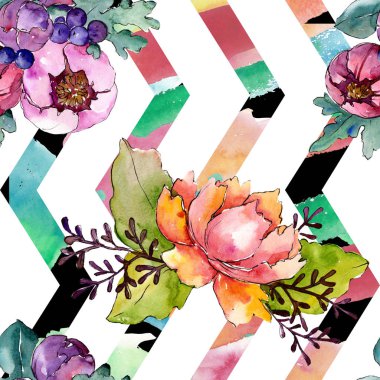 Mavi mor buket çiçek botanik çiçekler. Suluboya arka plan illüstrasyon küme. Sorunsuz arka plan deseni.