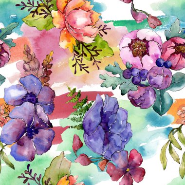 Mavi mor buket çiçek botanik çiçekler. Suluboya arka plan illüstrasyon küme. Sorunsuz arka plan deseni.