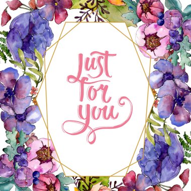 Mavi mor buket çiçek botanik çiçekler. Suluboya arka plan illüstrasyon küme. Çerçeve kenarlığı süsleme Meydanı.