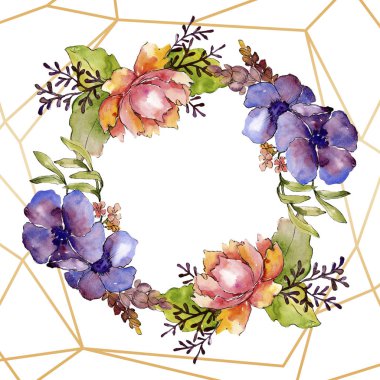 Mavi mor buket çiçek botanik çiçekler. Suluboya arka plan illüstrasyon küme. Çerçeve kenarlığı süsleme Meydanı.