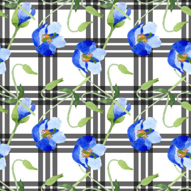Mavi Haşhaş çiçek botanik çiçekler. Suluboya resim kümesi. Sorunsuz arka plan deseni.
