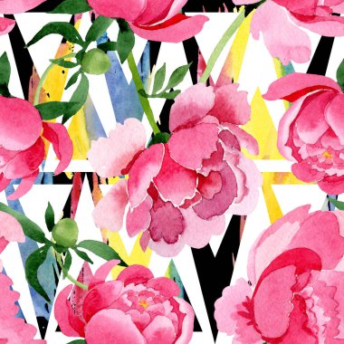 Pembe peony çiçek botanik çiçekler. Suluboya arka plan illüstrasyon küme. Sorunsuz arka plan deseni.