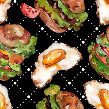 Hamburger suluboya tarzında. Suluboya lokanta illüstrasyon öğesi. Sorunsuz arka plan deseni.