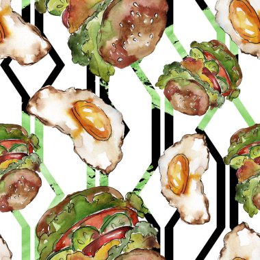 Hamburger suluboya tarzında. Suluboya lokanta illüstrasyon öğesi. Sorunsuz arka plan deseni.