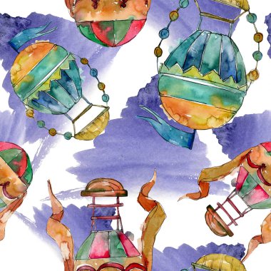 Sıcak hava balon arka plan fly hava taşımacılığı. Suluboya arka plan ayarlamak. Sorunsuz arka plan deseni.