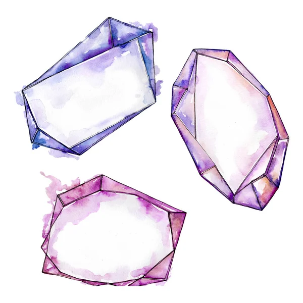 Berlian berwarna batu mineral perhiasan. Set latar belakang cat air. Ilustrasi kristal terisolasi — Stok Foto