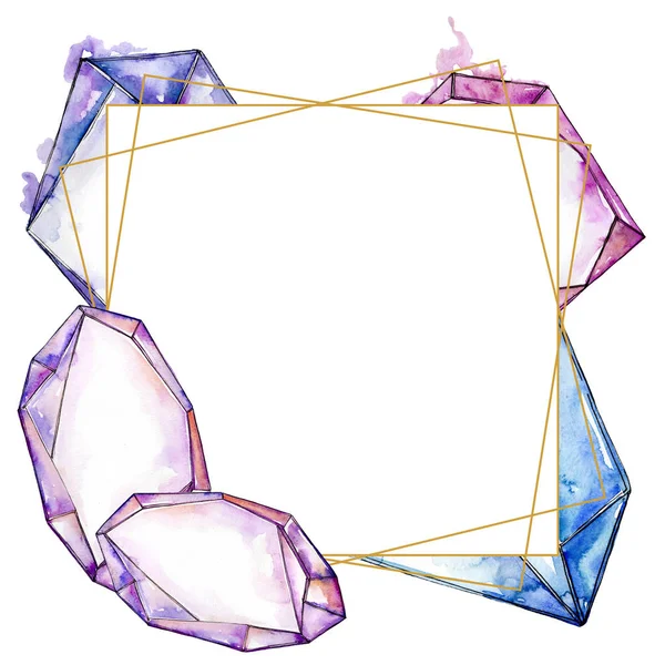 Diamant coloré bijoux en pierre minéraux. Aquarelle cristal pierre fond ensemble. Cadre bordure ornement carré . — Photo