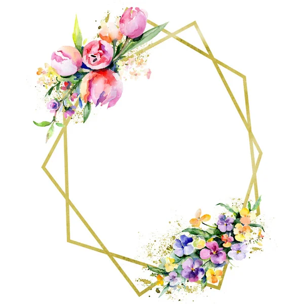 花束花植物花。水彩背景插图集。框架边框装饰正方形. — 图库照片