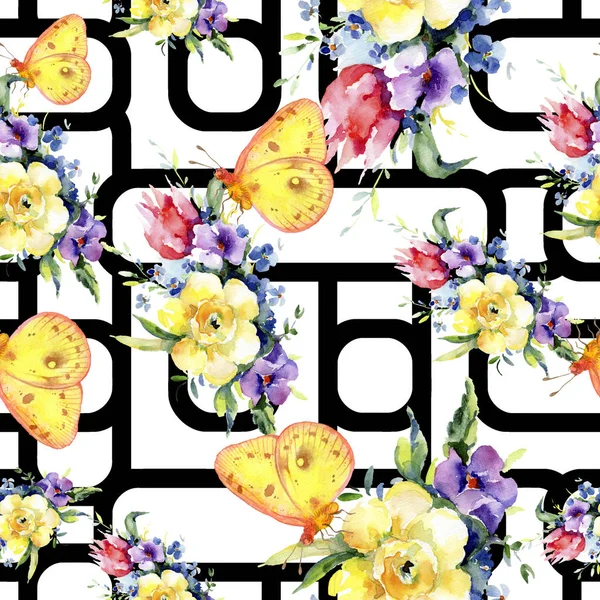 Bouquets floral botanical flowers. Watercolor background illustration set. Seamless background pattern. — Stock Photo, Image
