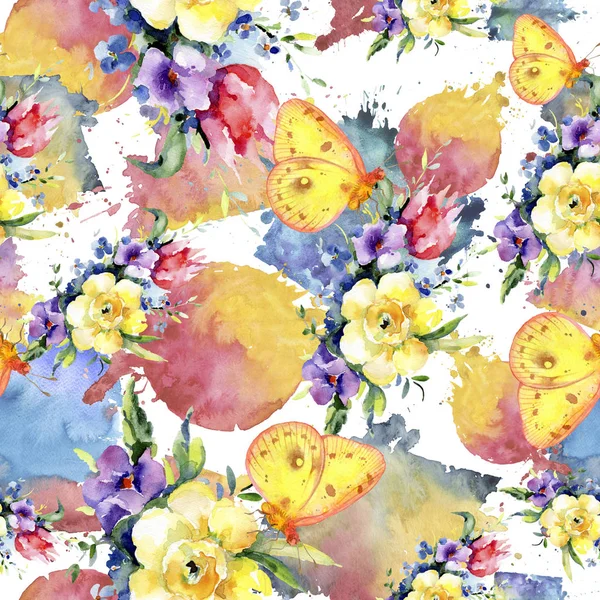 Blumensträuße botanische Blumen. Aquarell Hintergrundillustration Set. nahtloses Hintergrundmuster. — Stockfoto