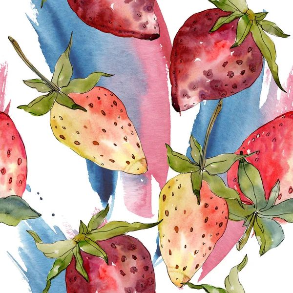 草莓健康食品分离。水彩背景插图集。无缝的背景模式. — 图库照片