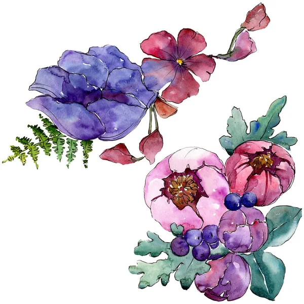 Fiori botanici floreali blu viola bouquet. Set sfondo acquerello. Mazzi isolati elemento illustrazione . — Foto Stock