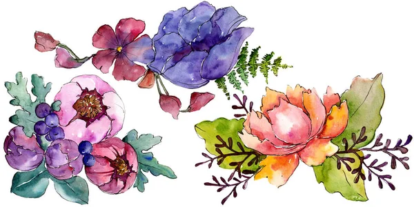 Bouquet violet bleu fleurs botaniques florales. Ensemble de fond aquarelle. Bouquets isolés élément illustration . — Photo