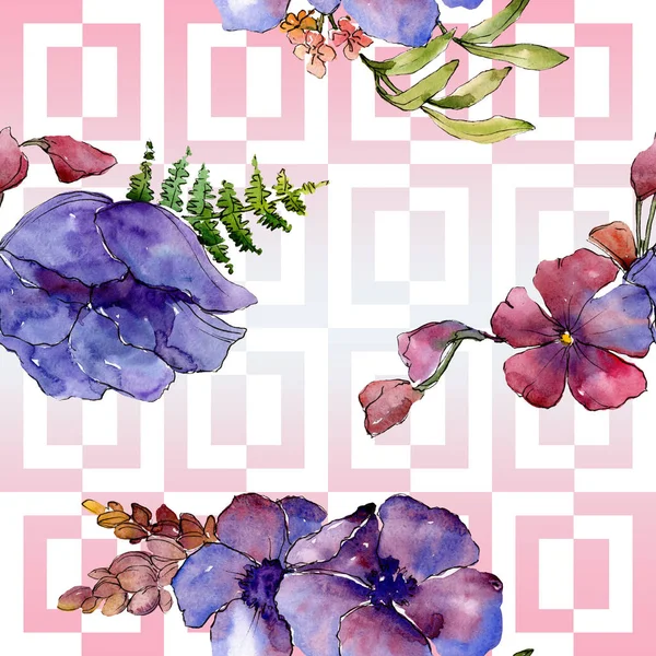 Floral λουλούδια βοτανικό μπλε μωβ μπουκέτο. Ακουαρέλα φόντο εικόνα σύνολο. Απρόσκοπτη υπόβαθρο μοτίβο. — Φωτογραφία Αρχείου