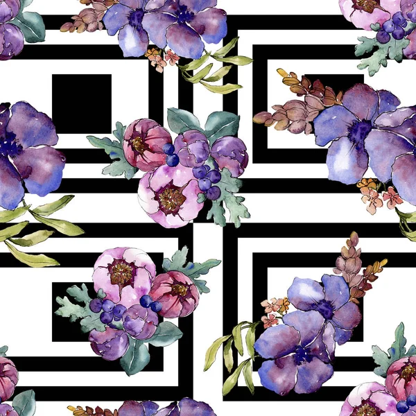 Ramo azul púrpura flores botánicas florales. Conjunto de ilustración de fondo acuarela. Patrón de fondo sin costuras . —  Fotos de Stock